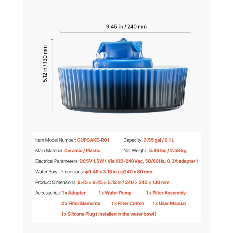 Keraaminen juoma-allas lemmikeille 2,1 l 360° juoma-alue hiljainen 1,5 W pumppu