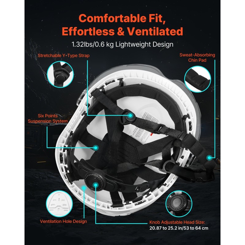 Teollisuuskypärä ABS-kuori polykarbonaattivisiiri kuusipisteinen räikkäkiristys valkoinen 53–64 cm
