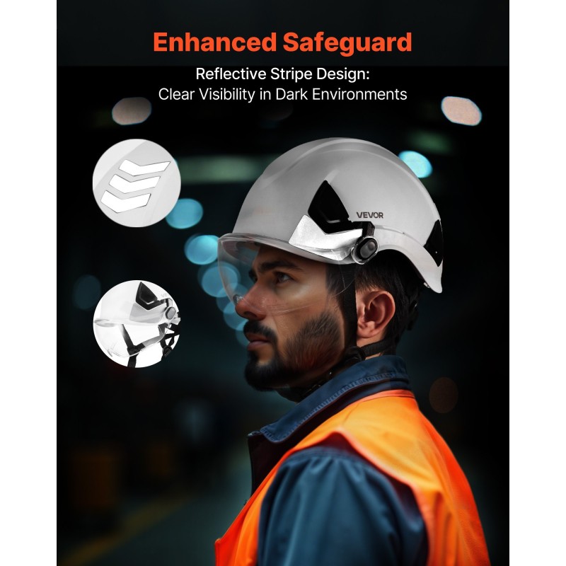 Teollisuuskypärä ABS-kuori polykarbonaattivisiiri kuusipisteinen räikkäkiristys valkoinen 53–64 cm