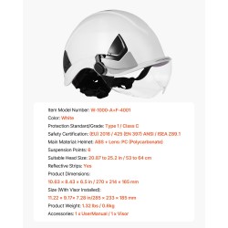 Teollisuuskypärä ABS-kuori polykarbonaattivisiiri kuusipisteinen räikkäkiristys valkoinen 53–64 cm