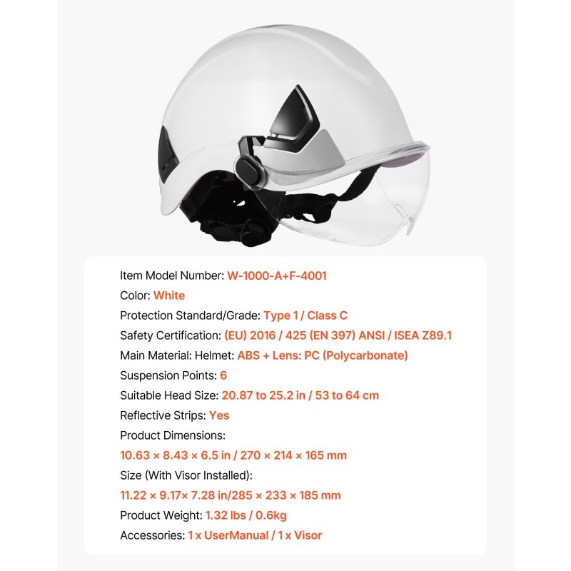 Teollisuuskypärä ABS-kuori polykarbonaattivisiiri kuusipisteinen räikkäkiristys valkoinen 53–64 cm