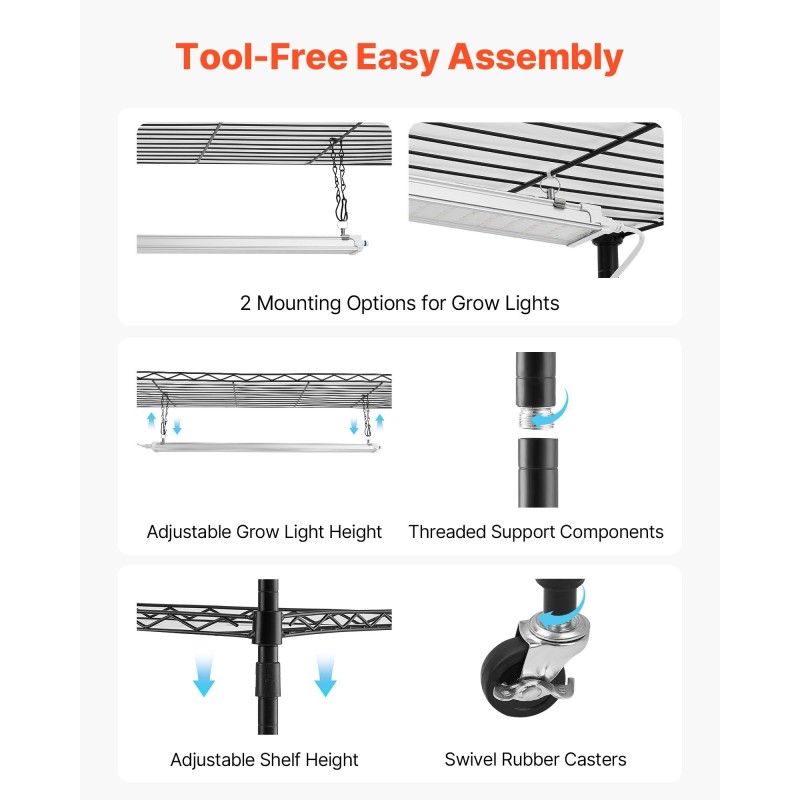 Kasvihylly sisäkäyttöön 6 hyllyä 180 cm LED-kasvivaloilla ajastimella kääntyvillä kumipyörillä