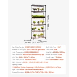 Kasvihylly sisäkäyttöön 6 hyllyä 180 cm LED-kasvivaloilla ajastimella kääntyvillä kumipyörillä