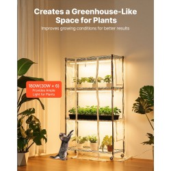 Kasvihylly nelitasoinen metallirunko korkeus 150 cm 6 LED-valopalkkia läpinäkyvällä suojapeitteellä