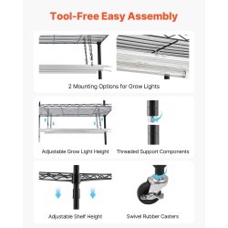 Kasvihylly nelitasoinen metallirunko korkeus 150 cm 6 LED-valopalkkia läpinäkyvällä suojapeitteellä