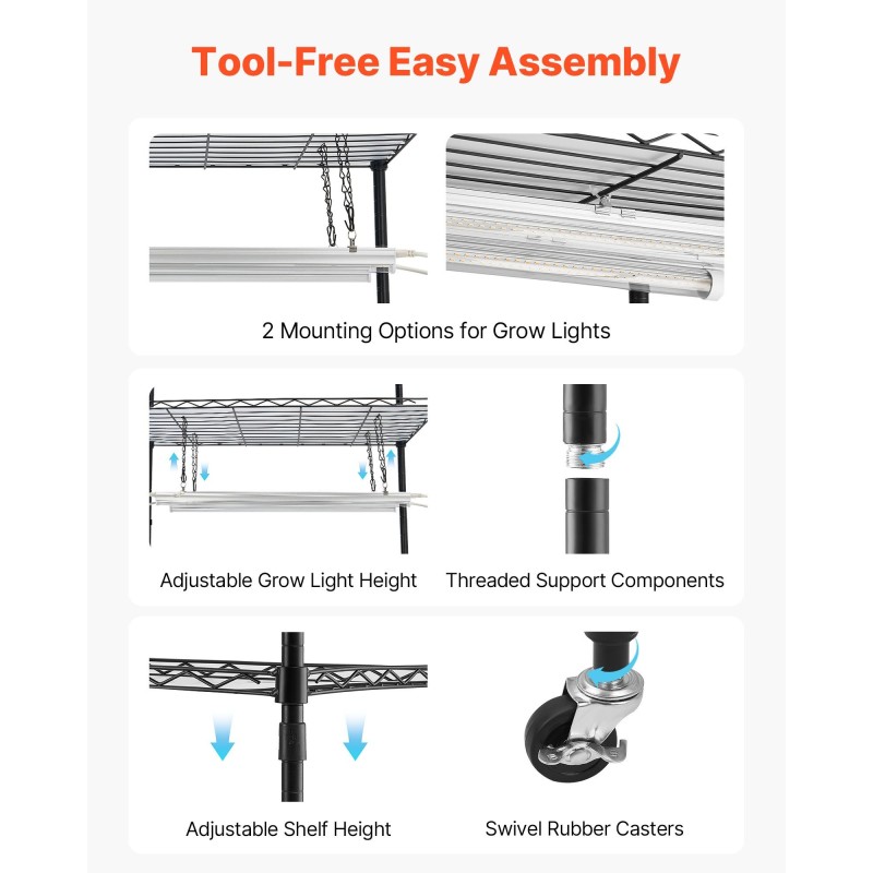 Kasvihylly nelitasoinen metallirunko korkeus 150 cm 6 LED-valopalkkia läpinäkyvällä suojapeitteellä