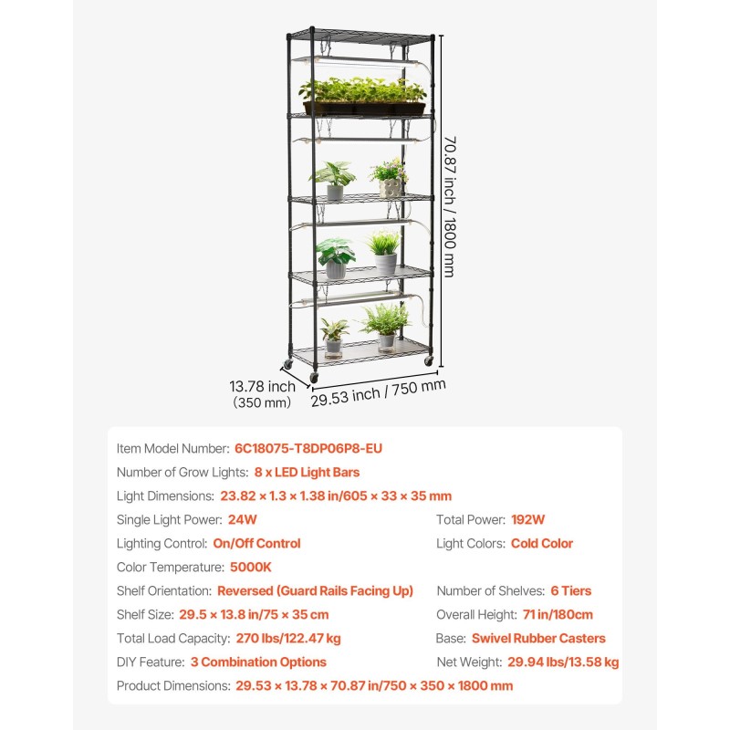 Monitasoinen sisäkasviteline kuudella tasolla 180 senttimetriä korkea kahdeksalla täysspektrisellä LED-valolla