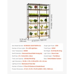 Sisäkasvihylly metallirunkoinen 6-tasoinen kaksirivinen korkeus 180 senttimetriä 200 wattia LED-kasvivaloilla
