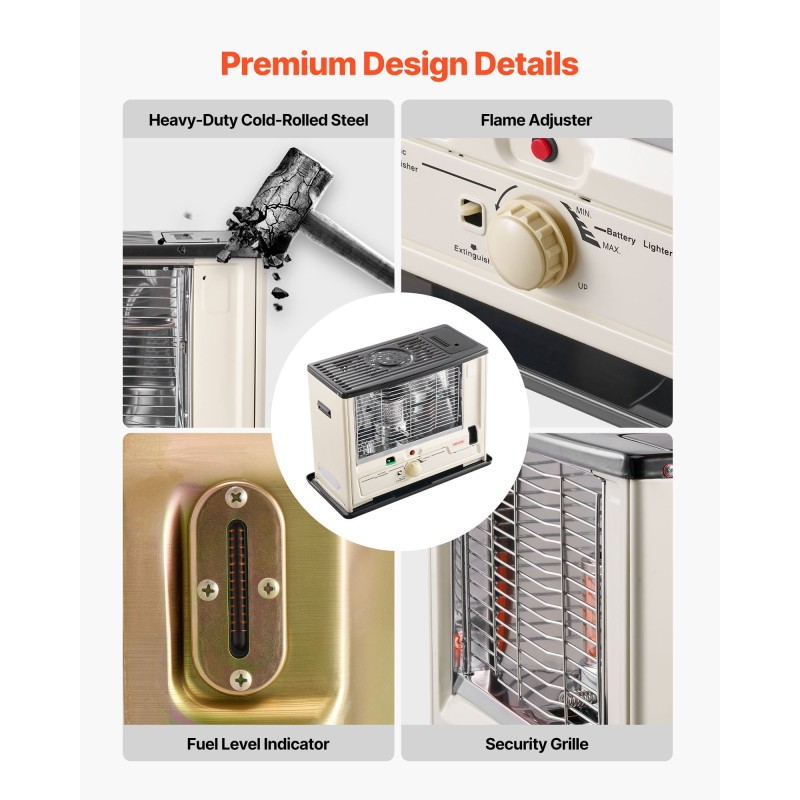 Kannettava kerosiinilämmitin teräsrunko 10000 BTU 14 L säiliö sisä ja ulkokäyttöön