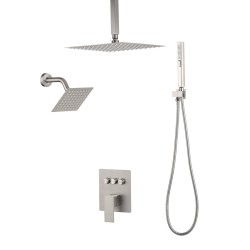 Kattokiinnitteinen kaksoissadesuihkusetti 254 mm ja 152 mm harjattu nikkeli kaksitoiminen käsisuihku