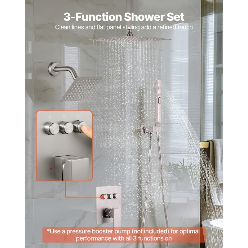 Kattokiinnitteinen kaksoissadesuihkusetti 254 mm ja 152 mm harjattu nikkeli kaksitoiminen käsisuihku