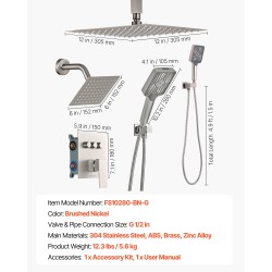 Kattokiinnitteinen sadesuihkusetti 305 mm harjattu nikkeli 152 mm seinäsuihku nelitoiminen käsisuihku