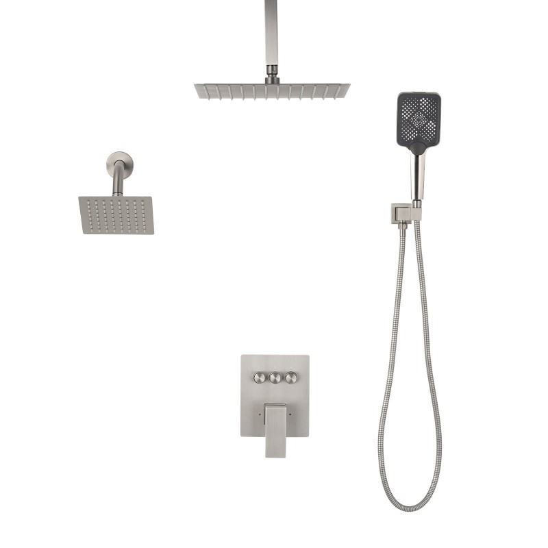 Kattokiinnitteinen sadesuihkusetti 305 mm harjattu nikkeli 152 mm seinäsuihku nelitoiminen käsisuihku