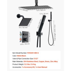 Sadesuihkusetti termostaattisella hanalla mattamusta 305 mm kattosuihku 152 mm seinäsuihku yhdistelmäkäsisuihku