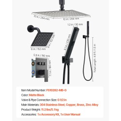 Kattokiinnitteinen sadesuihkujärjestelmä 254 mm kattopäällä 152 mm seinäsuihkulla ruostumatonta terästä mattamusta