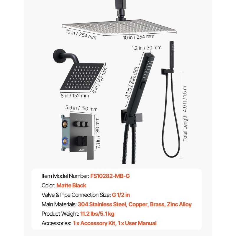 Kattokiinnitteinen sadesuihkujärjestelmä 254 mm kattopäällä 152 mm seinäsuihkulla ruostumatonta terästä mattamusta