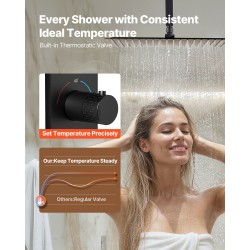 Termostaattinen kattoasennettava sadesuihkusarja 406 mm sadesuihkupää 6 hierontasuutinta käsisuihku mattamusta