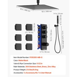 Termostaattinen kattoasennettava sadesuihkusarja 406 mm sadesuihkupää 6 hierontasuutinta käsisuihku mattamusta