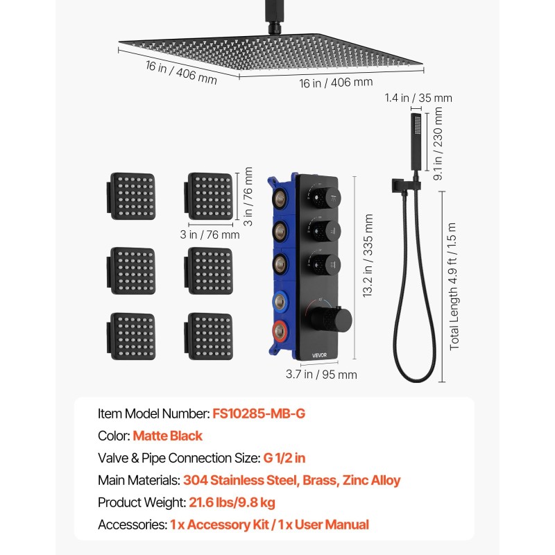 Termostaattinen kattoasennettava sadesuihkusarja 406 mm sadesuihkupää 6 hierontasuutinta käsisuihku mattamusta