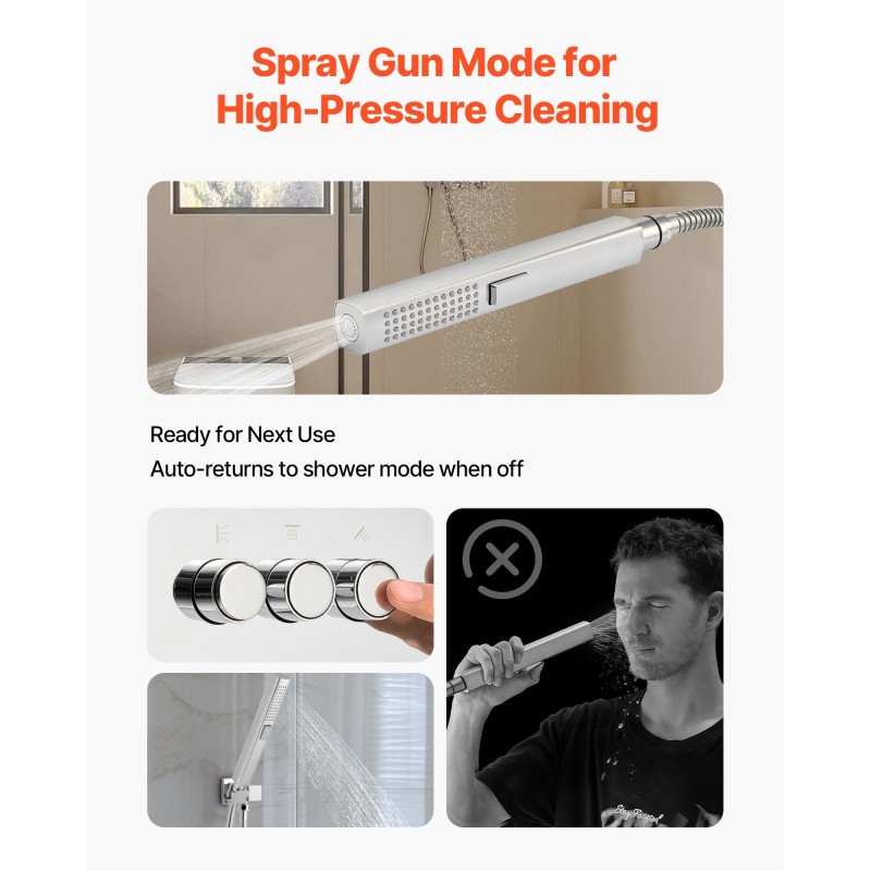 Kattokiinnitteinen kromipintainen sadesuihkusetti 254 millimetriä kuusi kehosuutinta kaksitoiminen käsisuihku