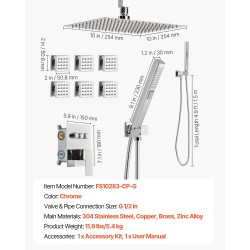 Kattokiinnitteinen kromipintainen sadesuihkusetti 254 millimetriä kuusi kehosuutinta kaksitoiminen käsisuihku