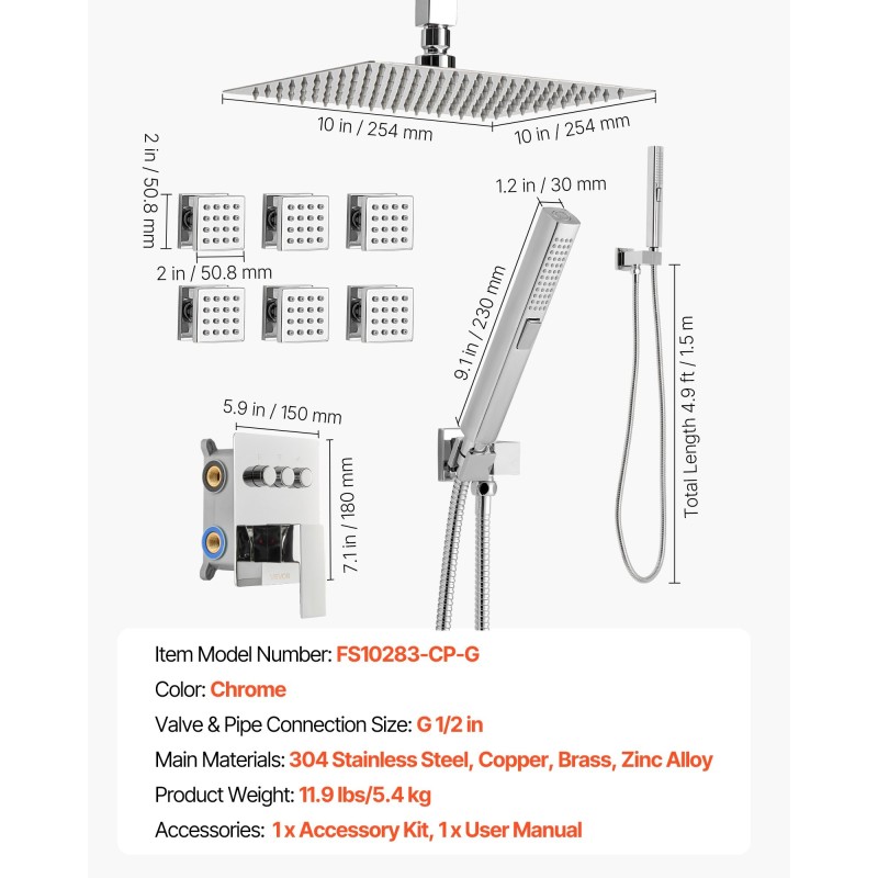 Kattokiinnitteinen kromipintainen sadesuihkusetti 254 millimetriä kuusi kehosuutinta kaksitoiminen käsisuihku