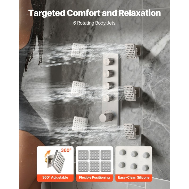 Kattokiinnitteinen sadesuihkusetti 406 mm harjattu nikkeli 152 mm seinäsuihku 6 hierovaa sivusuihkua