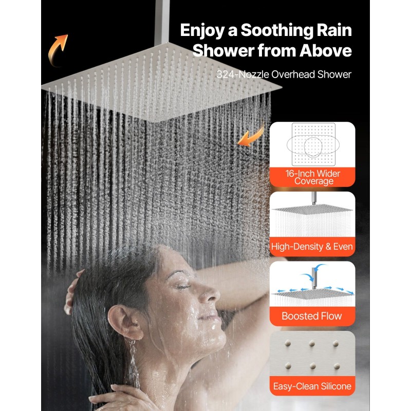 Kattokiinnitteinen sadesuihkusetti 406 mm harjattu nikkeli 152 mm seinäsuihku 6 hierovaa sivusuihkua