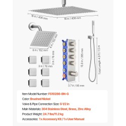 Kattokiinnitteinen sadesuihkusetti 406 mm harjattu nikkeli 152 mm seinäsuihku 6 hierovaa sivusuihkua