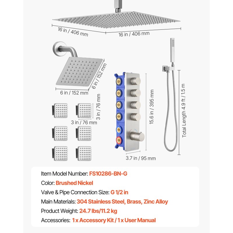 Kattokiinnitteinen sadesuihkusetti 406 mm harjattu nikkeli 152 mm seinäsuihku 6 hierovaa sivusuihkua