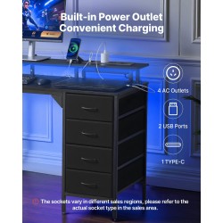 Tietokonepöytä 120 senttimetriä leveä 50 senttimetriä syvä lastulevy teräsrunko värivalonauhalla 4 kangaslaatikkoa