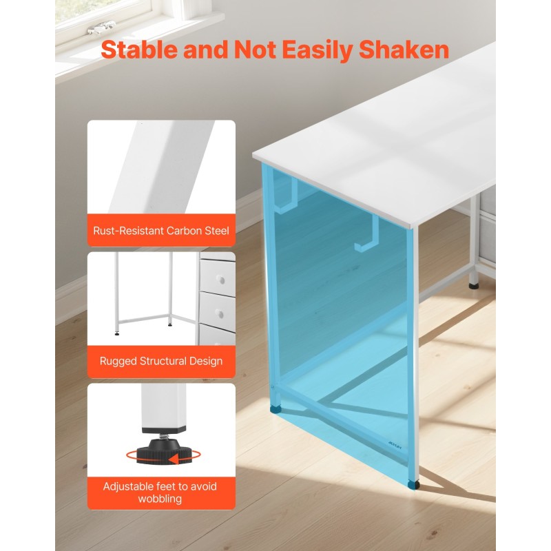 Tietokonepöytä 120 cm teräsrunko lastulevy neljä kangaslaatikkoa säädettävät tassut