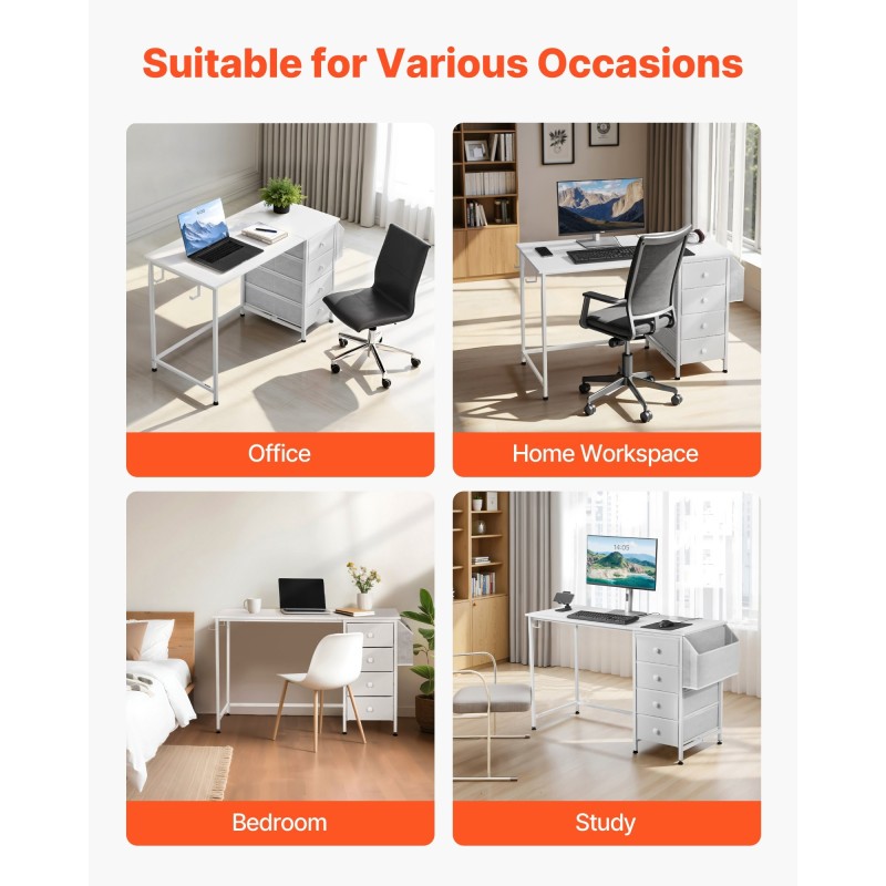 Tietokonepöytä 120 cm teräsrunko lastulevy neljä kangaslaatikkoa säädettävät tassut