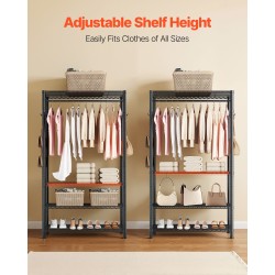 Vaateteline hiiliteräs musta neljä hyllyä yksi vaatetanko kahdeksan koukkua