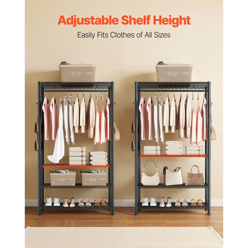 Vaateteline hiiliteräs musta neljä hyllyä yksi vaatetanko kahdeksan koukkua