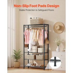 Vaateteline hiiliteräs musta neljä hyllyä yksi vaatetanko kahdeksan koukkua