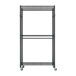 Vaateteline siirrettävä hiiliteräs musta pyörillä 3 hyllyä 2 tankoa