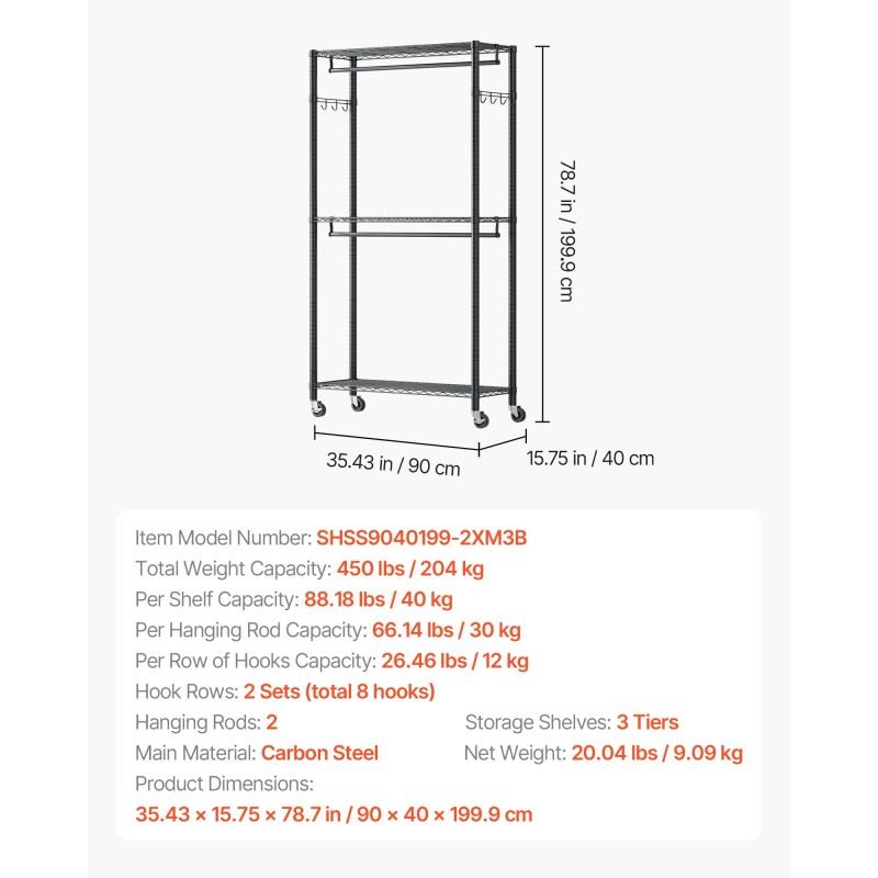 Vaateteline siirrettävä hiiliteräs musta pyörillä 3 hyllyä 2 tankoa