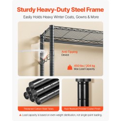 Vaateteline siirrettävä hiiliteräs musta pyörillä 3 hyllyä 2 tankoa