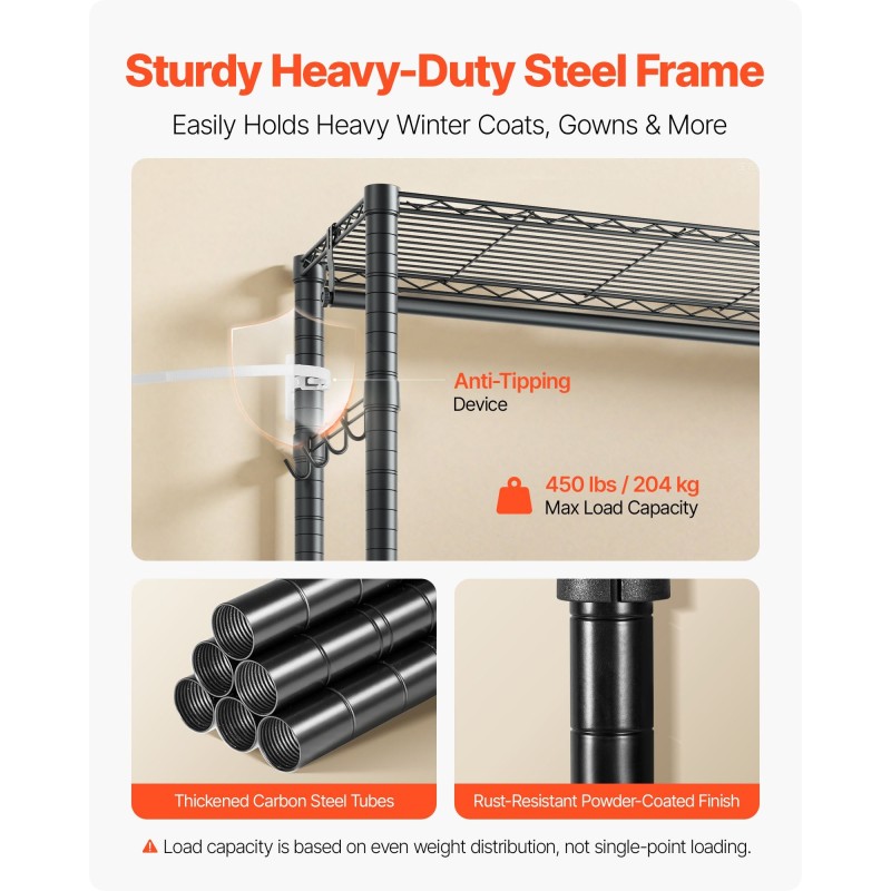 Vaateteline siirrettävä hiiliteräs musta pyörillä 3 hyllyä 2 tankoa