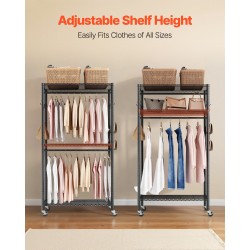 Vaateteline siirrettävä hiiliteräs musta pyörillä 3 hyllyä 2 tankoa