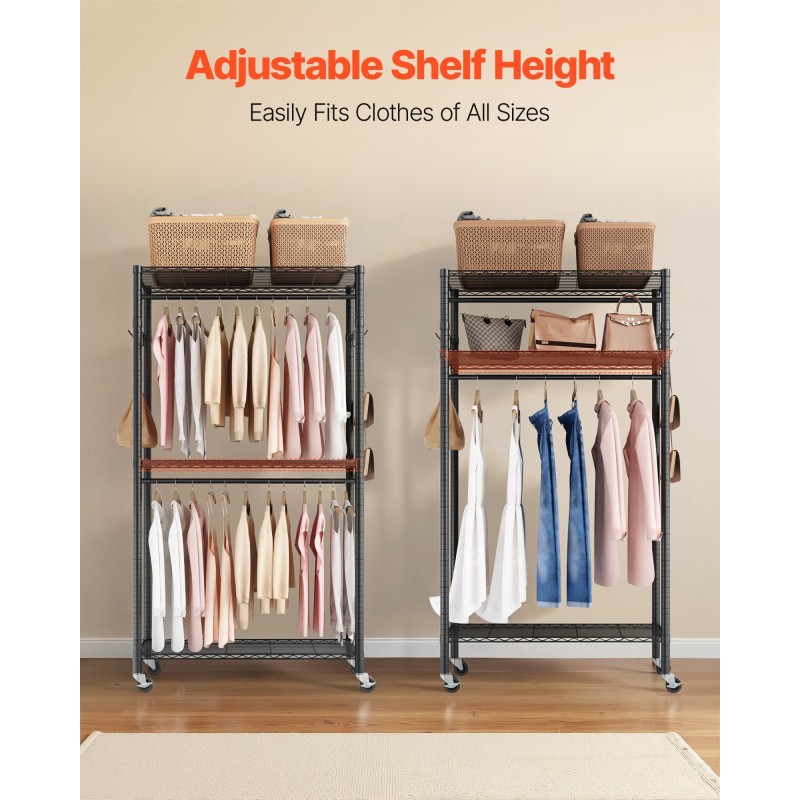 Vaateteline siirrettävä hiiliteräs musta pyörillä 3 hyllyä 2 tankoa