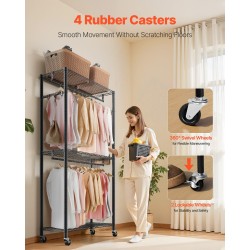 Vaateteline siirrettävä hiiliteräs musta pyörillä 3 hyllyä 2 tankoa