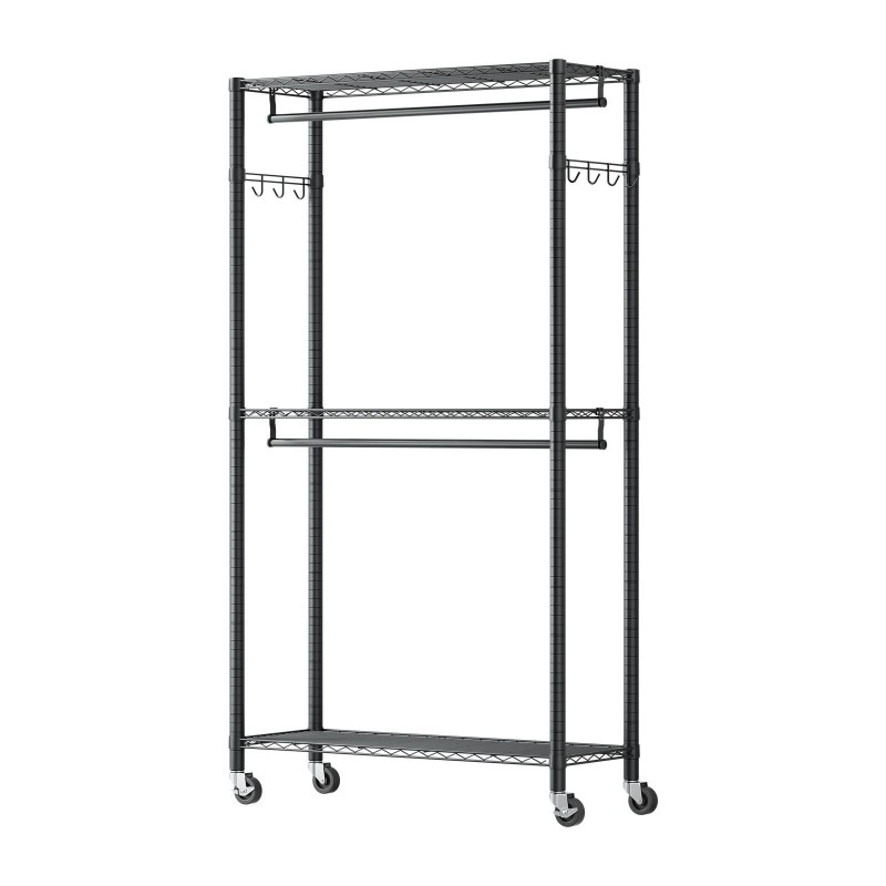 Vaateteline siirrettävä hiiliteräs musta pyörillä 3 hyllyä 2 tankoa