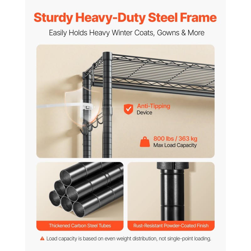 Hiiliteräs vaateteline 6 hyllyä 3 ripustustankoa jauhemaalattu musta