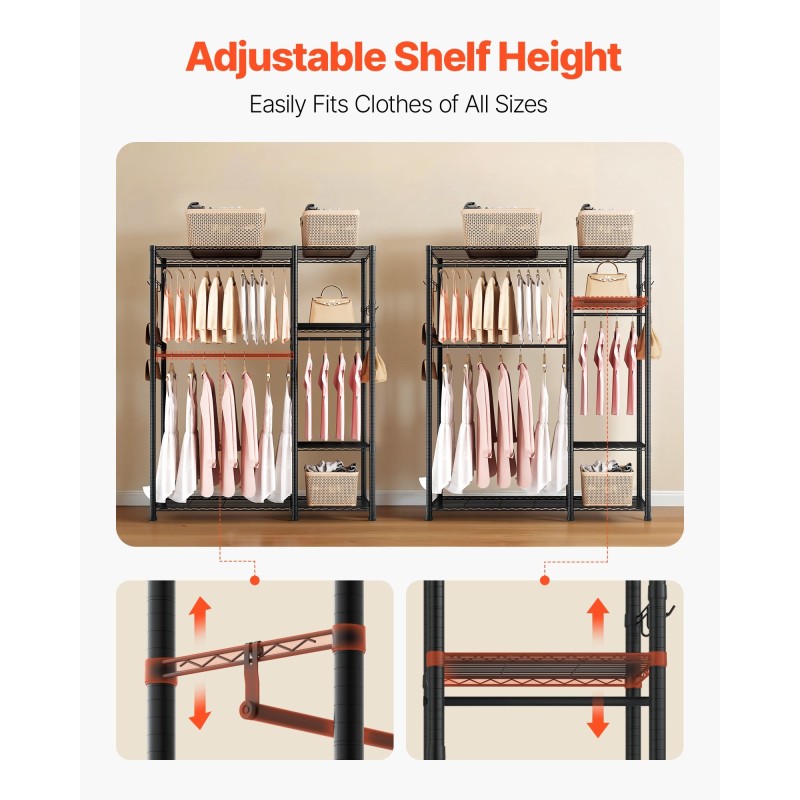 Hiiliteräs vaateteline 6 hyllyä 3 ripustustankoa jauhemaalattu musta