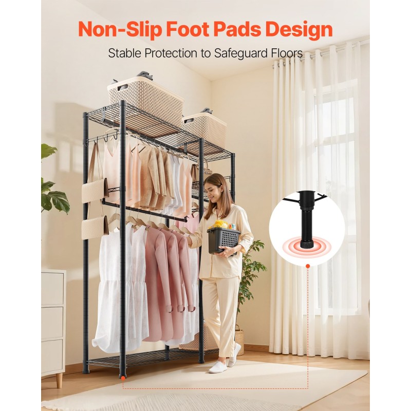 Hiiliteräs vaateteline 6 hyllyä 3 ripustustankoa jauhemaalattu musta