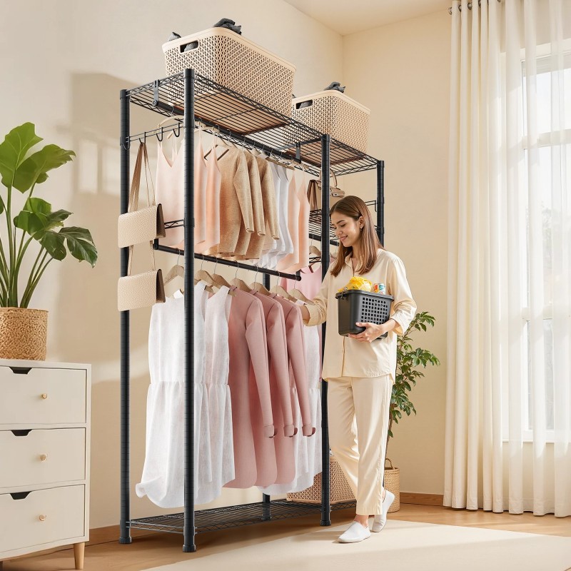 Hiiliteräs vaateteline 6 hyllyä 3 ripustustankoa jauhemaalattu musta