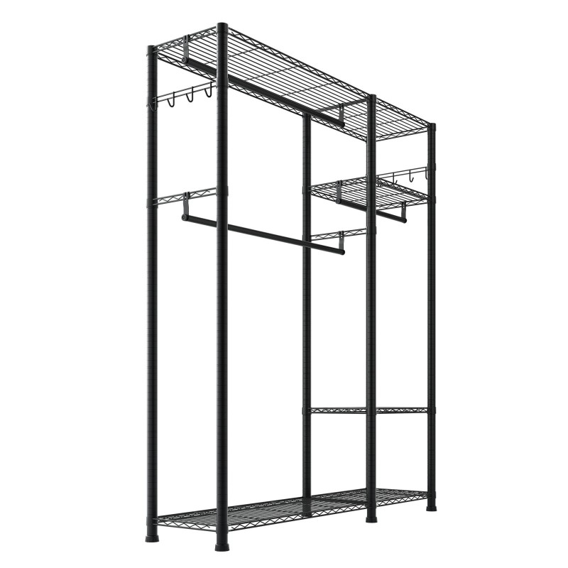 Hiiliteräs vaateteline 6 hyllyä 3 ripustustankoa jauhemaalattu musta