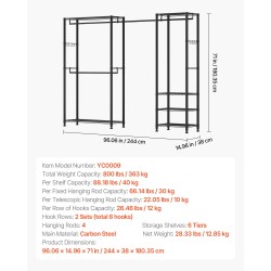 Vaateteline hiiliteräsrunko kuusi hyllyä neljä vaatetankoa kahdeksan koukkua musta